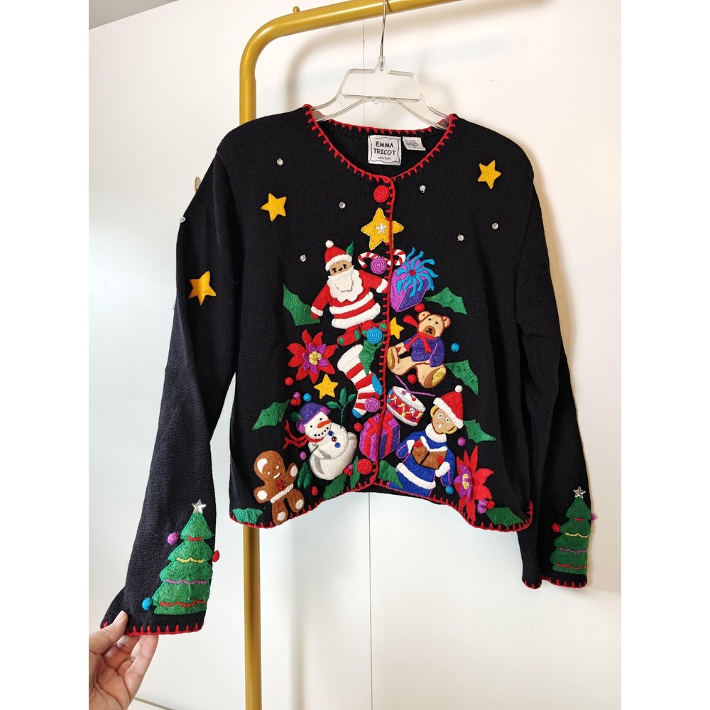 Unique Vintage Embroidered Christmas Cardigan Sweater Black Size L Emma Tricot